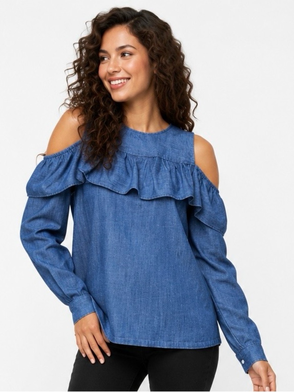 Loft Womens Cold Shoulder Denim Blouse Medium Cottage Coastal Ruffle Linen